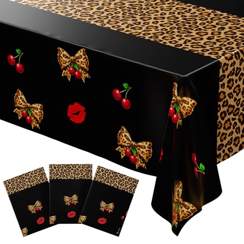 Image of Blue Orchards Cheetah Cherry Table Cover (Pack of 3) 108 inch x 54 inch - Trendy Cheetah Cherry Table Decoration, Aesthetic Accent and Backdrop, Party Setter, Decorative Animal Party Accent