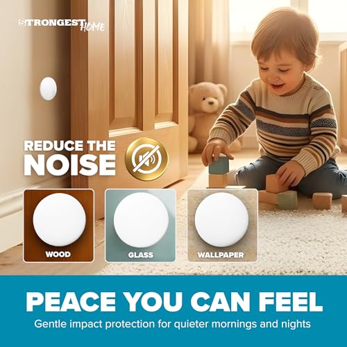 Image of STRONGEST HOME Door Stoppers (Medium) 1.57 inch - Door Stop for Wall with Strong Back Adhesive - Quiet and Shock Absorbent Silicone Wall Protectors from Door Knobs - Protects Every Surface (White | 7 PCS)