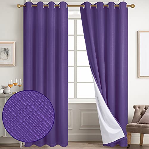 Diraysid 100% Blackout Curtains Purple Linen Curtains for Bedroom Grommet Thermal Insulated Room Darkening Drapes (2 Panels, W52 x L95 Inch)