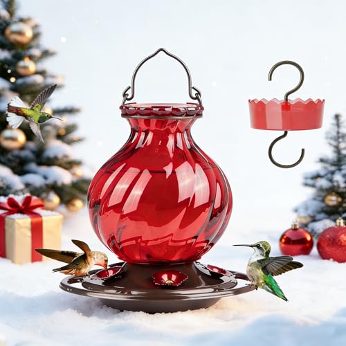 Hummingbird Feeder, Auslar 26 Ounces Glass Hummingbird Feeders for Outdoors Hanging Ant and Bee Proof, Ant Moat & 5 Flower Feeding Ports, Rustproof, Leakproof, Netted Flower Bud Shape Bottle, Red