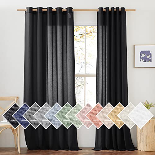 NICETOWN Linen Sheer Black Curtains for Boys Room, Grommet Semi Sheer Privacy with Light Through Linen Blend Window Drapes for Living Room/Sliding Glass Door, W70 x L84, 2 Pieces