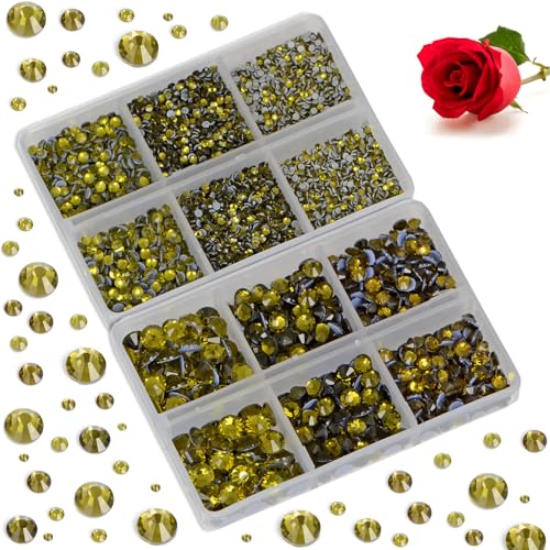 Image of Bymitel Hotfix Crystal Rhinestones Round Gems for Crafts,Mixed 6 Sizes with Wax Pencil Kit, Olivine 1.6-6.3mm SS4-SS30 /8000pcs
