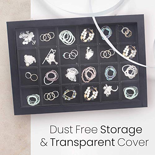 Image of BucketList Women's Velvet Glass Ring Earrings Jewelry Box - Display Storage Showcase Holder Organizer (Big 24 Grid Jewellery Box Black)