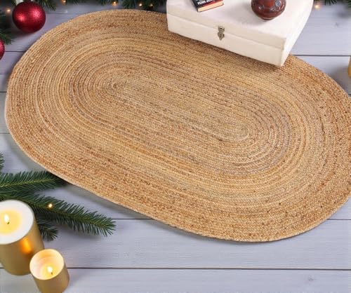 Image of MDS Pack of 1 Handwoven Braided Jute Area Rug 2x4 feet Oval - 100% Natural Burlap Reversible Accent Rugs for Home Decor, Living Room, Doormat, Kitchen, Entryway Rug, Rustic, Farmhouse (2'x4')
