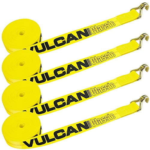 VULCAN Winch Strap with Wire Hook - 2 Inch x 27 Foot - 4 Pack - Classic Yellow - 3 300 Pound Safe Working Load