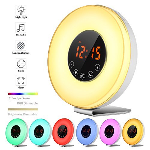 Sunrise Wake Up Light Alarm Clock, Blingco Digital LED Alarm Clock with FM Radio, Snooze/Sunset Function,7 Colors Night Lights,Nature Sounds,Touch Control Alarm Clock Radio for Heavy Sleepers