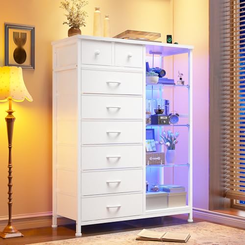 EnHomee 54 H Dresser for Bedroom with LED Lights & Power Outlets Dresser with 8 Drawers Fabric Dressers & Chests of Drawers Shelves for Bedroom Sturdy Metal Frame Acrylic Plates (White)