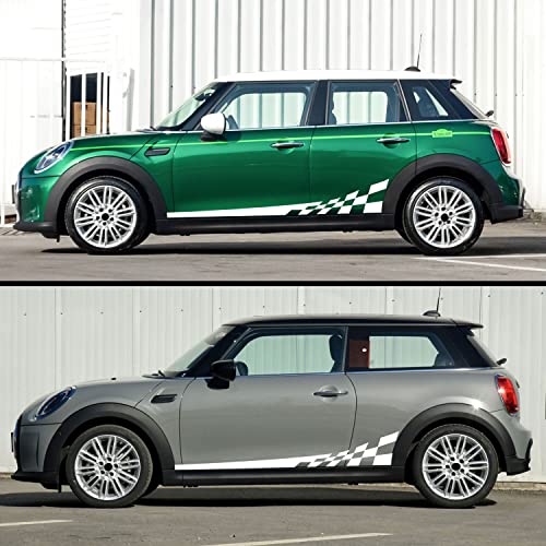 Image of 2Pcs 77.2'' Universal Racing Checkered Flag Graphic Car Body Side Sticker Self-Adhesive Side Strip Decal Lattice Grid Stripe Stickers Decoration for Mini Cooper Truck SUV Vehicles (B, White)