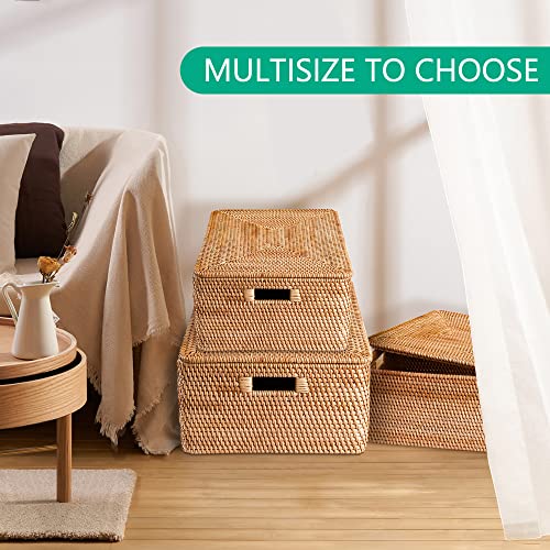 Fiyammy Rattan Basket With Lid, Large Lidded Basket For Storage Rattan Box(17.8" L×13.8"W×7.8"H) #TOP4