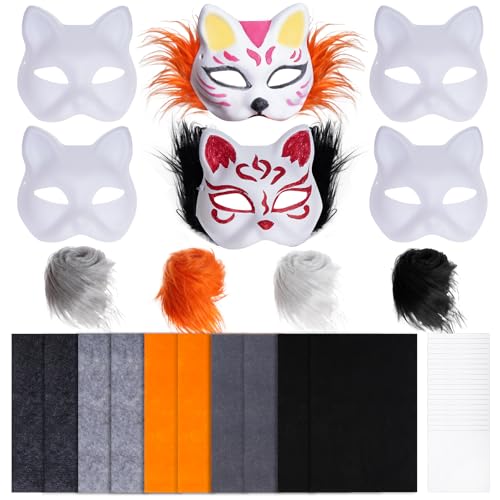 mifengda 40pcs Therian Cat Mask Kit Halloween DIY Cat Fox Costume Mask Animal Cosplay White Paper Mask with Faux Fur Eye Mesh Adhesive Felt Fabric Sheet for Halloween Cosplay Dress Up Party
