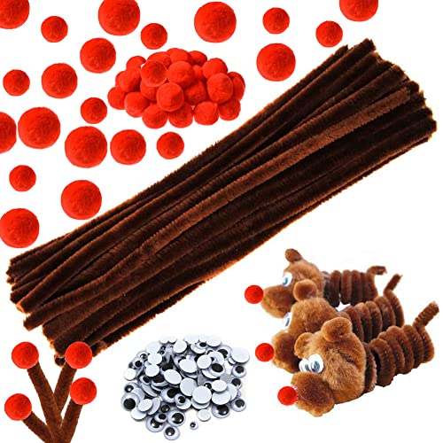 300 Pcs Pipe Cleaners Craft Set Including 100 Pcs Brown Chenille Stems,100 Pcs Self-Sticking Wiggle Googly Eyes and 100Pcs Red Pompoms for Christmas DIY Crafts (300 Pcs Brown Pipe Cleaners Set)