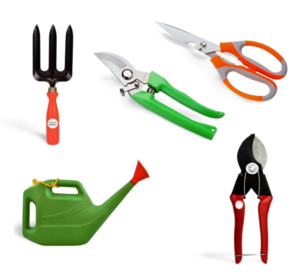 FADMAN Home Gardening Tool KIT (Garden Fork, Watering CAN, German Pruner, Scissor, Double Cut Pruner)