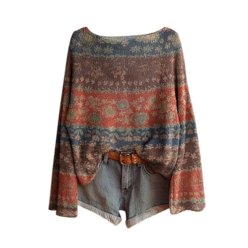 Fall Sweaters for Women 2025 Plus Size Vintage Graphic Print Long Sleeve Shirts Casual Cute Boho Knit Tops Pullover
