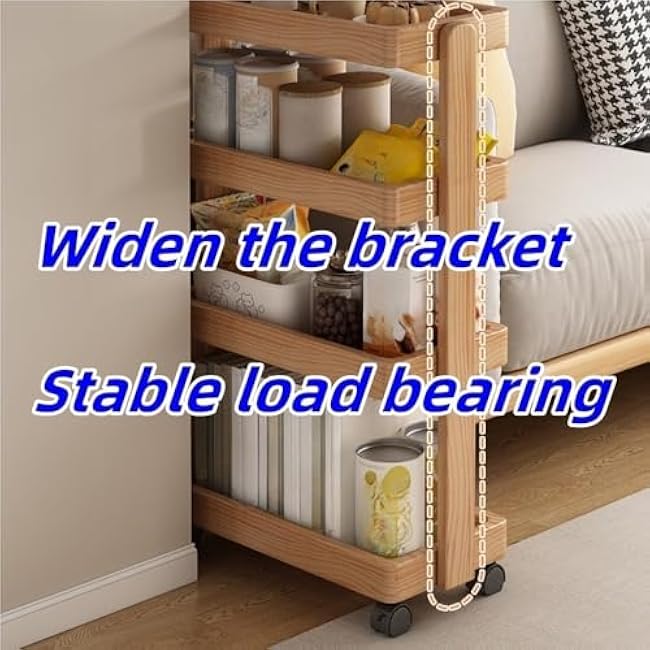 4-Tier Wooden Rolling Cart - Multifunctional Storage Rack for Living Room, Kitchen & Study - Mobile Trolley with Wheels for Easy Organization & Display-PQ7D26YV