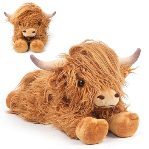 SYTTNUM Hochlandkuh Cow Soft Toy Plush Plüschtier Stofftiere Hochlandkuh Plushie Kuscheltier Kuh Plush Braun Hochlandkuh Cow Für Kinder Party Geburtstag 38cm