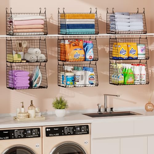 Image of Sonyabecca 3-Pack Hanging Laundry Baskets, Foldable Metal Wire Shelves with 360 Rotating Hooks, Space-Saving Over Washer /Dryer or Closet Storage for Laundry Room & Closet Organization, Black