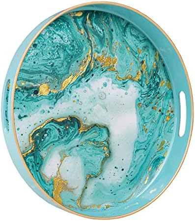 MAONAME Turquoise Decorative Tray for Coffee Table, 13" Modern Marbling Serving Tray with Handles, Plastic Round Tray for Ottoman, Bathroom, Storage