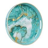 MAONAME Turquoise Decorative Tray for Coffee Table, 13" Modern Marbling Serving Tray with Handles, P