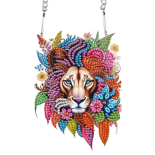 Image of Lion Diamond Painting Hanging Pendant Kit, DIY Crystal Acrylic Sun Catcher Diamond Art for Adults, 5D Special Shaped Rhinestone Ornament for Window, Wall or Garden Decoration, Handmade Animal Gift