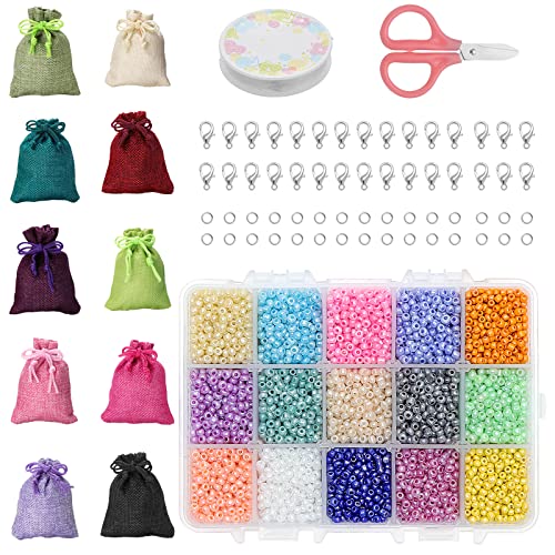 HonGien 7500 Pièces 3mm Mini Perles de Rocaille en Verre, Petites Perles de Poney, Kit De Perles De Verre Avec des Sacs en Jute pour DIY Bijoux Collier Bracelet Cover