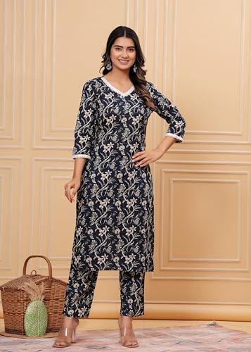Image of MEERA FAB Womens Cotton Printed Straight Kurta Set V-Neck with Palazzo & Dupatta Set