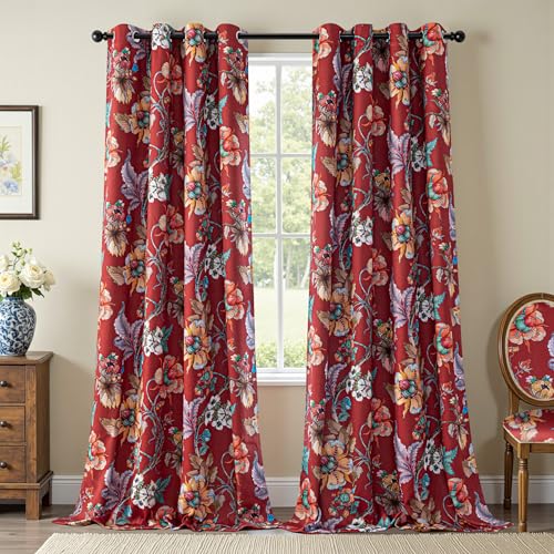 Image of MYSKY HOME 95% Floral Blackout Curtains 95 inches Long Black Out Thermal Insulated Privacy Protect Vintage Spring Flower Print Room Darkening for Living Dining Room, 2 Panels, 52 inch x 95 inch, Terracotta