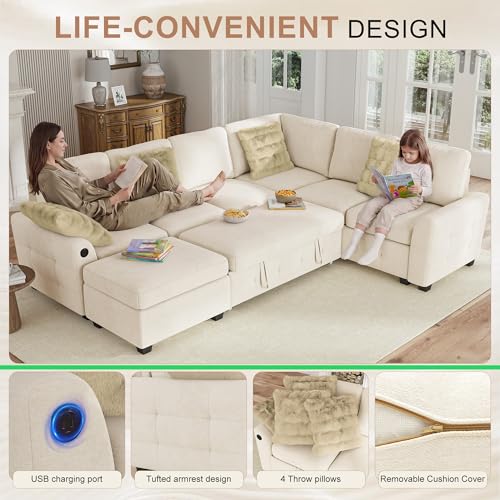 Image of Hanherry Sectional Couch with Pull Out Sofa Bed,Chenille Sleeper Sofa with Storage Ottoman & USB Charging,Comfy L Shaped Modular Couches for Living Room,Apartment