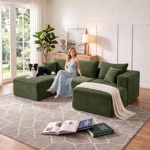 Image of 93 inch U-Shaped Boneless Couch, Corduroy Cloud Couch Sectional with Chaise and Ottoman, Deep Seat Modular Sectional Sofas for Living Room, No Assembly - Olive Green (Right Facing Chaise)