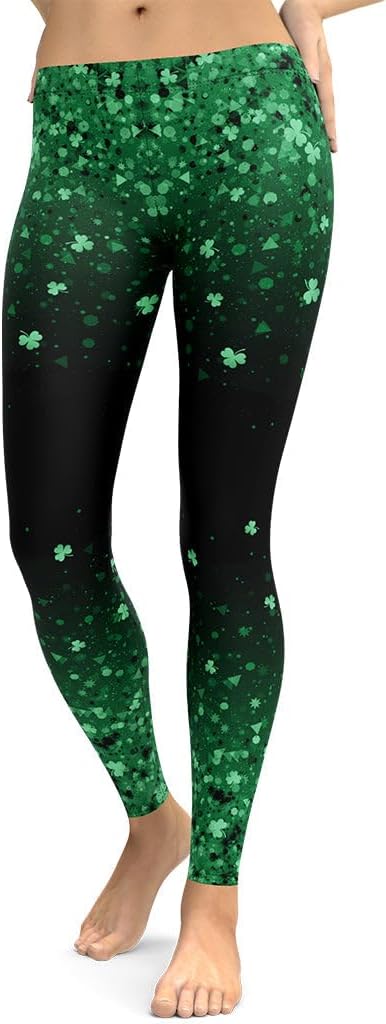 FIERCEPULSE St. Patrick's Day Glitter Print Leggings for Women - Stretchy Pants Printed Leggings for Workout & Exercise