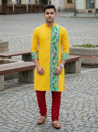 Image of Men's Jamdani Printed Kurta Pajama Set | Pure Cotton Ethnic Kurta with Mandarin Collar & Dupion Silk Pyjama | Festive & Weddings 303A12A 303SB12B(M XXL)