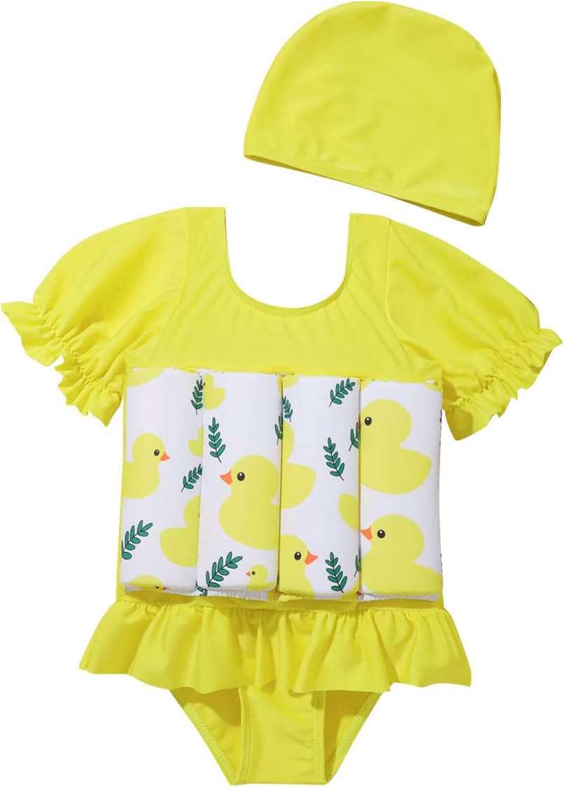 Toddler Girl Floatation Swimsuit with 8 Adjustable Buoyancy Baby Float Suit Floating Swimwear Bathing Suit with Cap