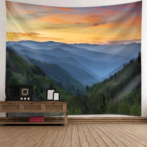 Tapisserie 150x150cm au motif de paysage de montagne et soleil couchant