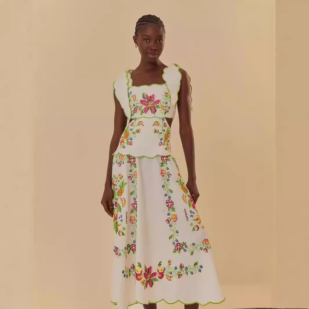 Women's Sleeveless Square Neck Backless Bow Suspender Dress, Floral Embroidery Dress, Long Skirt - Image 5