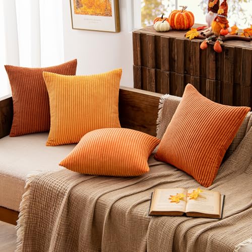 Image of MIULEE Boho Farmhouse Throw Pillow Covers 18x18 Inch Set of 4 Mordern Nordic Cushion Covers Soft Corduroy Home Decor for Couch Bed Sofa Living Room Orange Rust