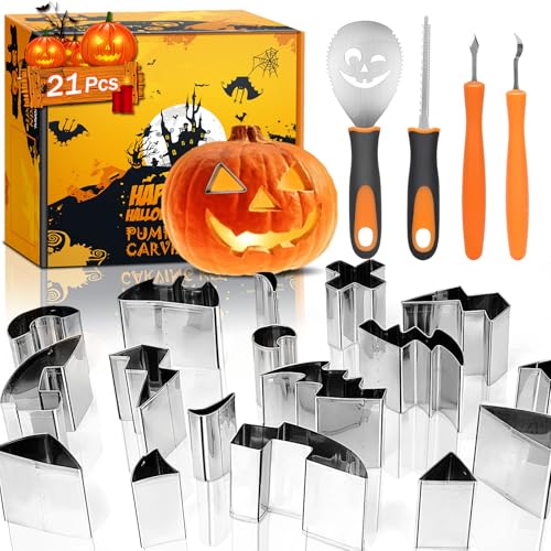 Luxital Halloween Pumpkin Carving Kit For Kids, New 21Pcs Pumpkin Carving Tools Set, Professional Pumpkin Carving Stencils with Stainless Steel Safe Knife Cutters for Halloween Decoration