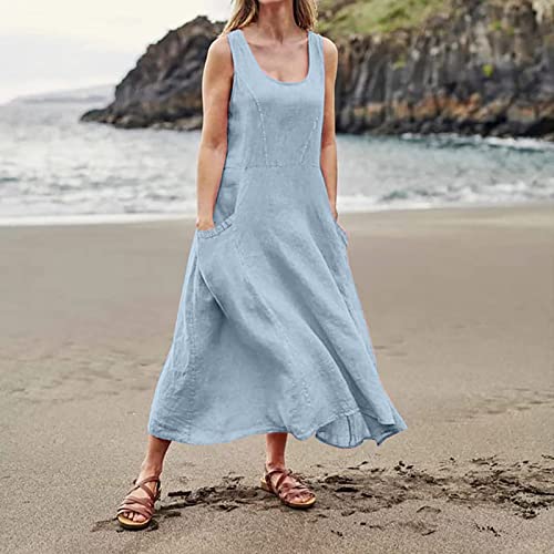 Plus Size Cotton Linen Summer Dresses for Curvy Women 2025 Sleeveless Maxi Vacation Beach Sundresses with Pockets