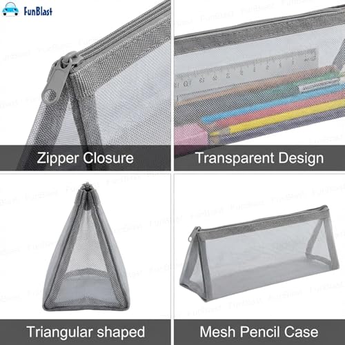 Image of FunBlast Mesh Pencil Case with Smooth Zipper, Single Layer Multi-Purpose Stationary & Pen Pouch for Boys & Girls, Transparent Stationary Bag, Organizer Pouch for Student (Grey-C)
