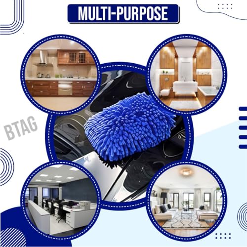 Image of Btag Double Sided Microfibre Wash Mitt Cleaning Gloves (2 Pcs, 2400 GSM, Size 26 X 19 Cm, Extra Large, Super Absorbent, Big Chenille Mitt Glove) (Blue)