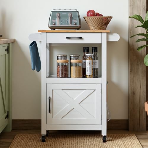 VINGLI Rolling Kitchen Cart with Microwave Stand, Storage Cabinet & Drawer, Small Coffee Cart with Side Hooks & Towel Rods, Compact Kitchen Island on Swivel Wheels, White