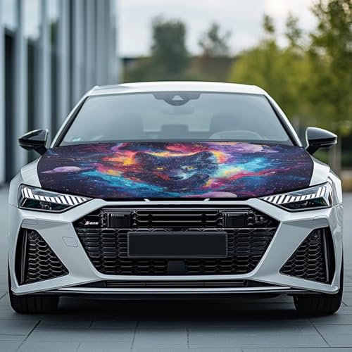 Image of Planet Wolf Print Hood Cover for Auto, Stretch Polyester Car Hood Flag Universal Automotive Hood Protective Accessories for SUVs Sedans Trucks Pickup Jeeps