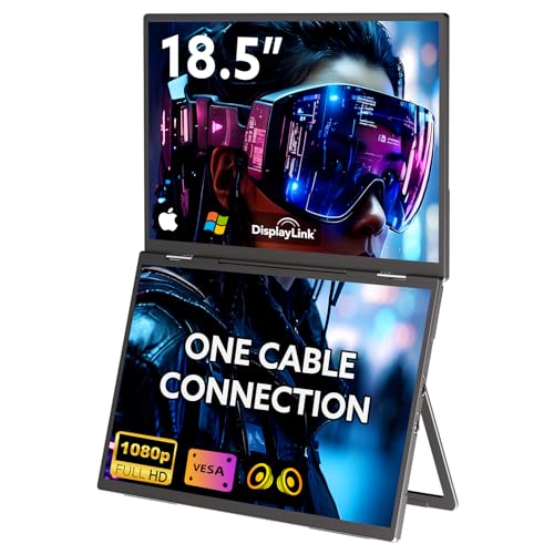 Image of 18.5'' Portable Dual Monitor, One Cable Laptop Screen Extender, FHD 1080P 100Hz Type-C USB-A HDMI, Folding Stacked Triple Monitor Built-in Stand Speakers for Laptop Desktop Windows Mac(Driver Need)