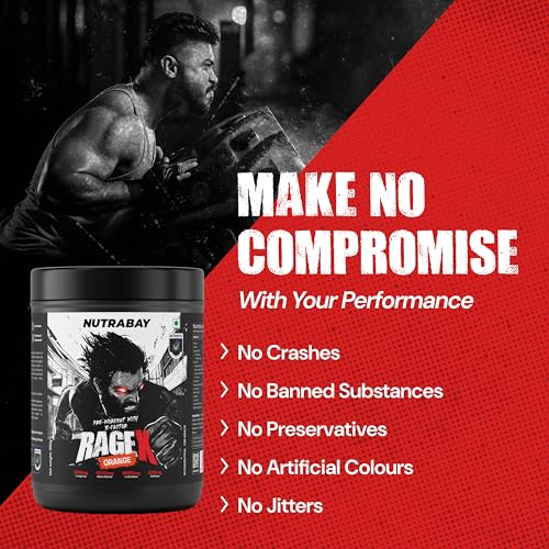 Image of Nutrabay RageX Pre Workout Supplement Powder - 360g, Orange | 200mg Caffeine, 4g Beta Alanine, 6g L-Citrulline, 600mg L-Arginine, & Black Pepper | Muscle Pump & Performance