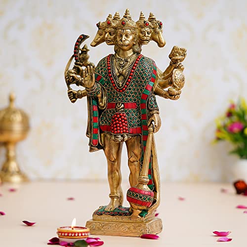 Image of eCraftIndia Golden And Colorful Stone Work Brass Handcrafted Standing Lord Panchmukhi Hanuman Idol, Auspicious Religious God Statue For Home Office, Temple, Gift For Hanuman Jayanti Festival, Devotees