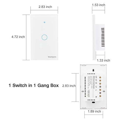 Miniatura 2 de Smartyuns Interruptor de luz inteligente WiFi blanco, moderno panel de vidrio templado, interruptor táctil de pared estándar de EE. UU.,