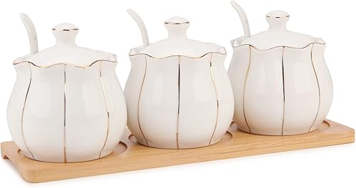 Kitchenexus - Juego de cuencos de azúcar, tarros de condimentos con tapas y cucharas, recipiente de cerámica para sal y pimienta, caja de