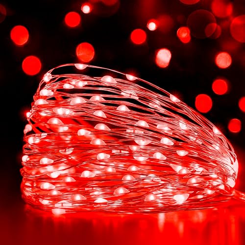 Ollny 5m 50LED Red Fairy Lights Battery Operated Waterproof Copper Wire String Lights for Indoor Outdoor Lighting Bedroom Party Mothers Day Wedding Anniversary Birthday Decorations