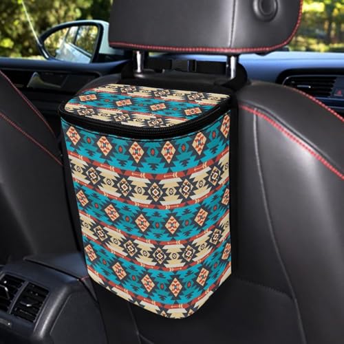 Aztec Tribal Geometric Pattern Car Trash Can with Lid and Zipper Portable Foldable Ethnic Style Trash Bin for Car Interior Accessories Multipurpose Garbage Can Bags Storage Organizer