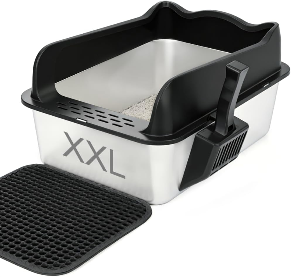 Katzenklo Edelstahl, Katzentoilette mit Schaufel und Streumatte,Katzenklo Edelstahl Kratzfest antihaftbeschichtet, geruchsresistent rutschf (XXL)