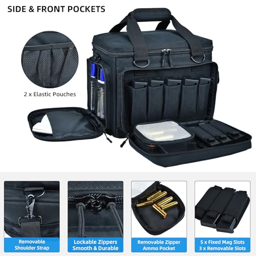 AUMTISC Gun Range Bags for 4 Handguns and Ammo, Tactical Pistol Shooting Range Bag with 8 x Magazine Slots and Removable Ammo Pouch