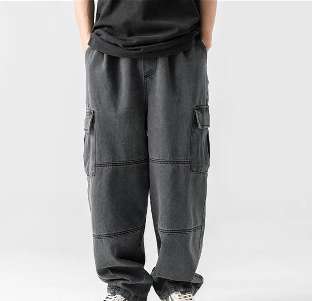 Men’S Loose Fit Straight Leg Workwear Jeans with Drawstring Mid Waist Casual Multi-Pocket Pants3